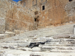 Remnants of the 1st century Stairs of Ascent, discovered by archaeologist Benjamin Mazar, to the entrance of the Temple Courtyard. Pilgrims coming to make sacrifices at the Temple would have entered and exited by this stairway.